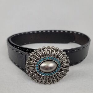 VTG Fossil Black Leather Western Turquoise Silver Flower Buckle Belt Size Small